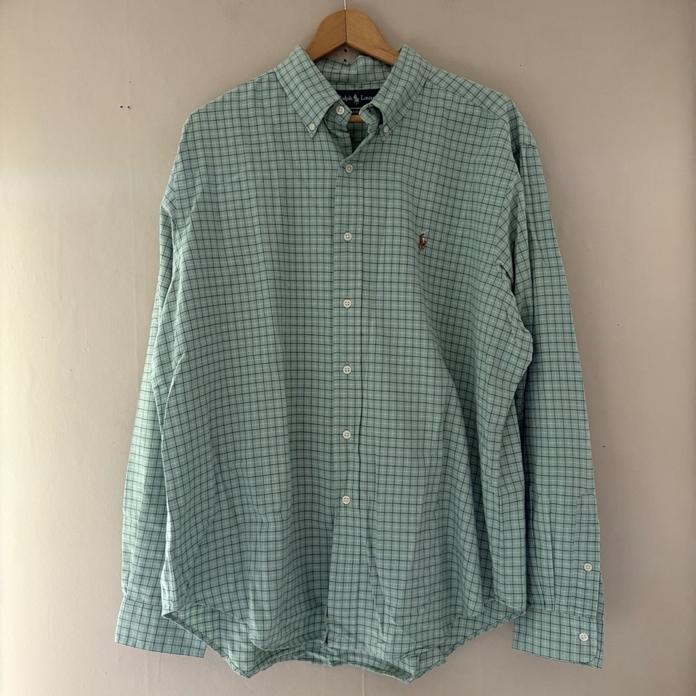 Ralph Lauren Mens Classic Fit Button Down Shirt XL Green Plaid Preppy Flesh Pony